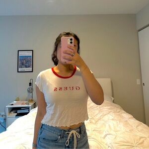 GUESS White Crop Top with Red Trim